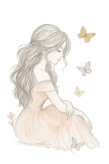 A delicate pencil sketch of a serene young woman with long, wavy hair, sitting gracefully in a soft flowing dress as gentle butterflies flutter around her. The image has a warm glow with subtle blush and gold tones, creating a peaceful, feminine, and ethereal atmosphere.