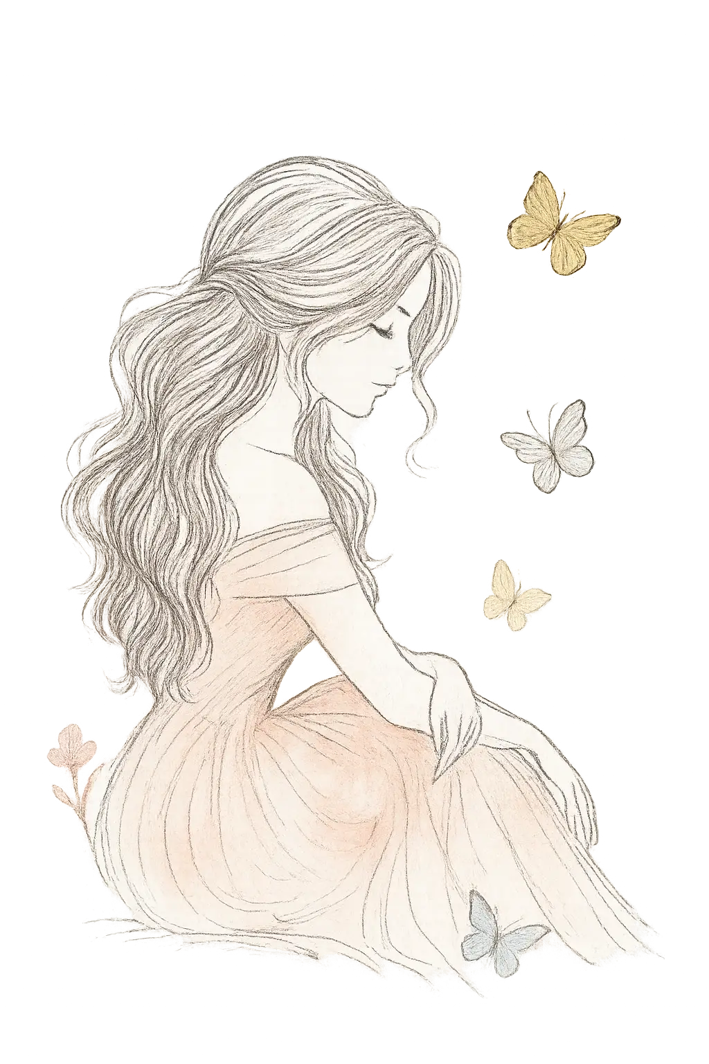 A delicate pencil sketch of a serene young woman with long, wavy hair, sitting gracefully in a soft flowing dress as gentle butterflies flutter around her. The image has a warm glow with subtle blush and gold tones, creating a peaceful, feminine, and ethereal atmosphere.