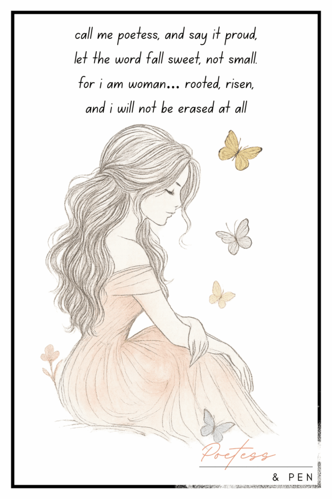 A delicate sketch of a seated woman with long flowing hair and a soft peach-colored gown. She looks downward serenely as butterflies flutter around her. Above her, the poem reads: “call me poetess, and say it proud, let the word fall sweet, not small. for i am woman... rooted, risen, and i will not be erased at all.” The artwork is signed “Poetess & Pen” in the lower right corner.